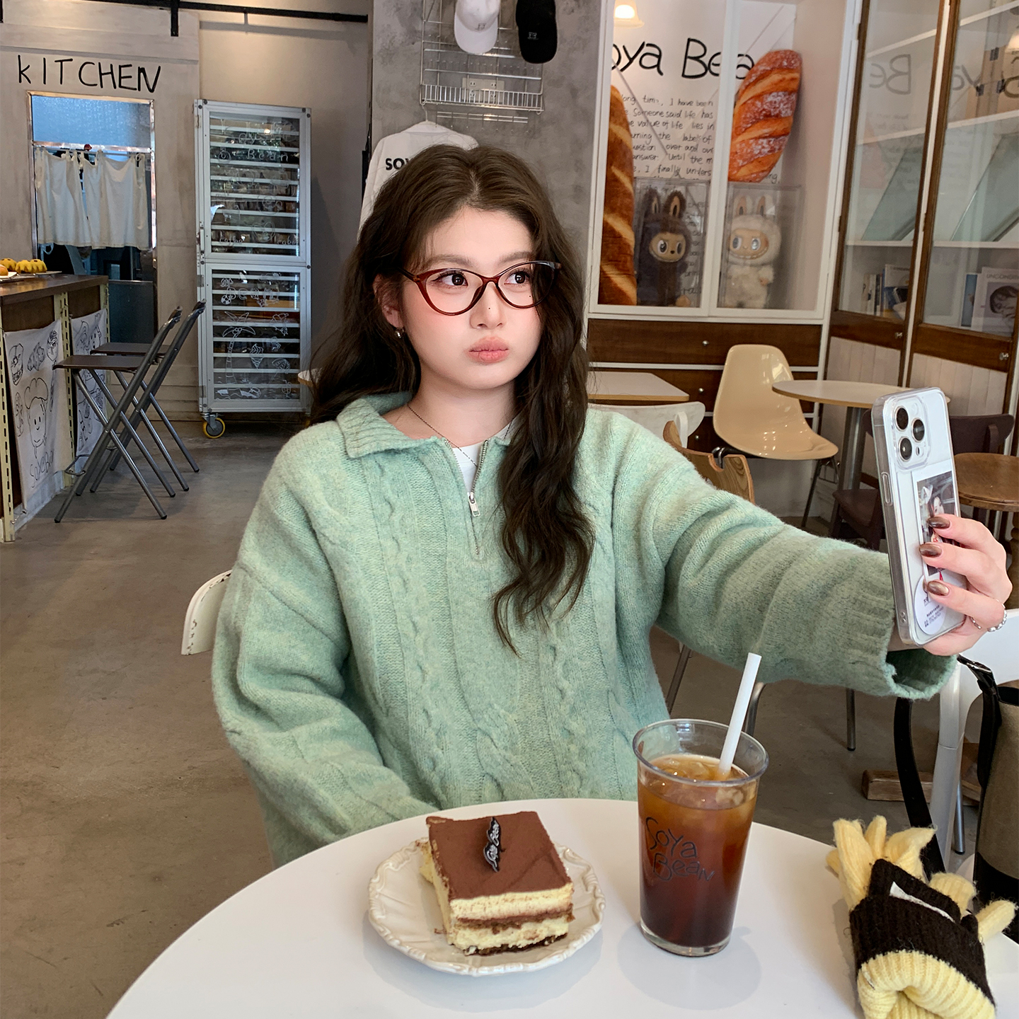 YUZI复古绞花毛衣Polo领大码女装