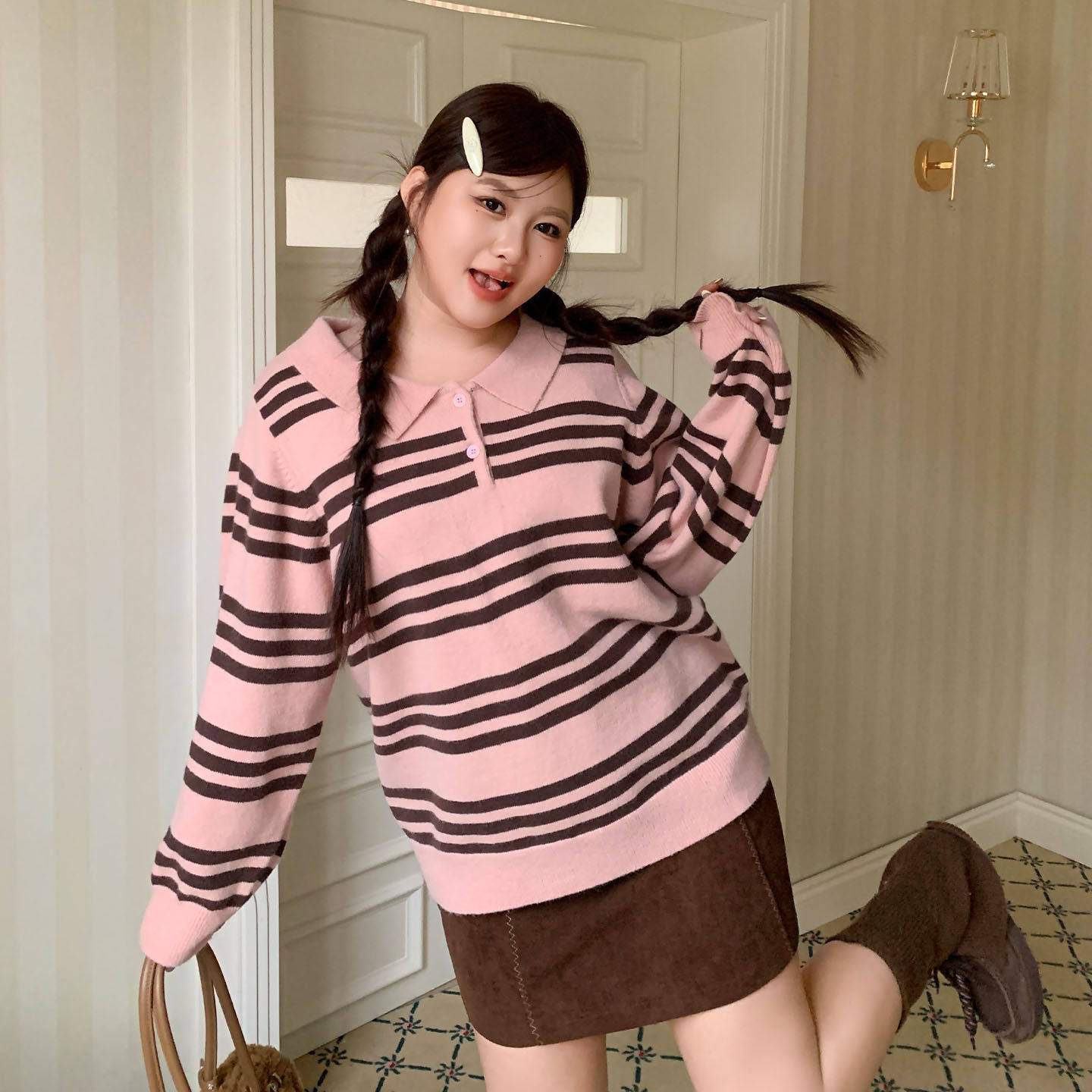 YUZI鱼子粉色条纹毛衣Polo领正肩宽松撞色温柔甜美针织衫大码女装,女装/女士精品,大码内搭,淘宝优惠券,粉丝福利购,淘宝优惠卷