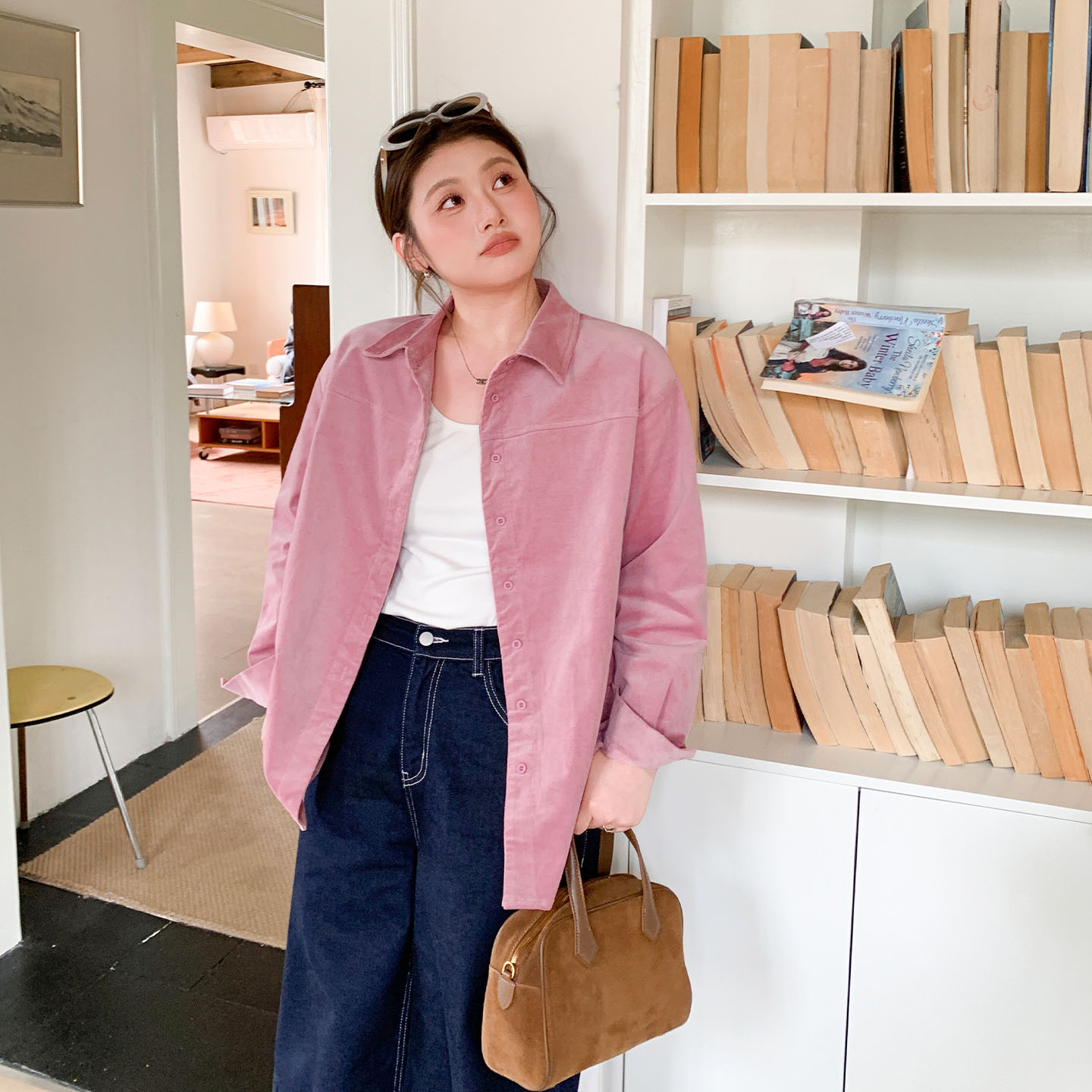 YUZI鱼子灯芯绒衬衫特大码女装