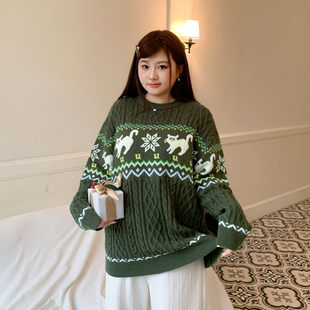 YUZI鱼子复古橄榄绿费尔岛针织毛衣慵懒氛围感宽松针织衫大码女装