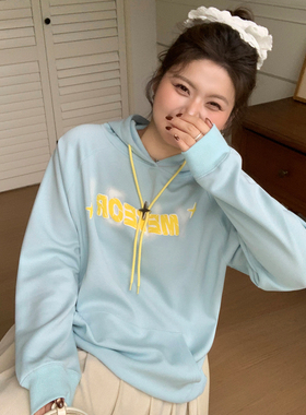 YUZI鱼子连帽卫衣多巴胺风甜酷印花大码秋冬宽松百搭蓝色长袖上衣