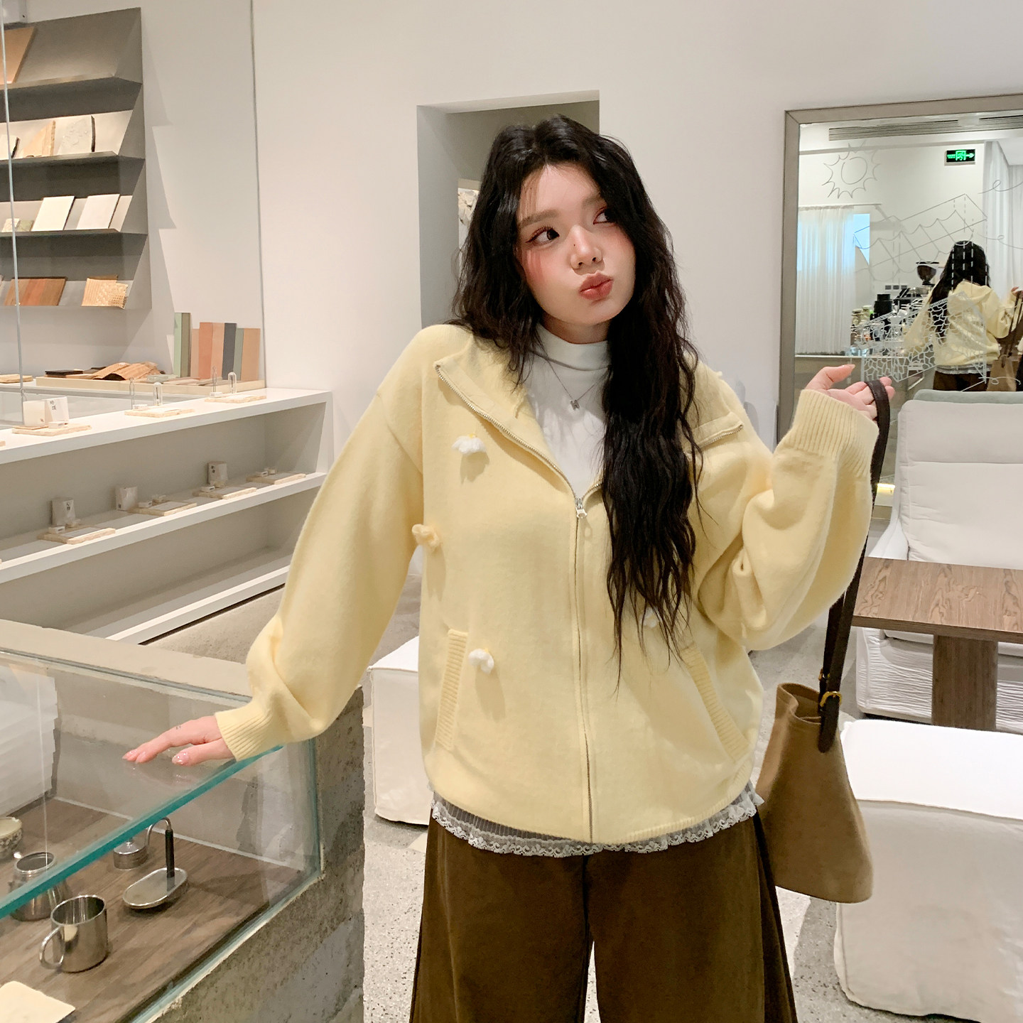 YUZI 鱼子温柔韩系黄色翻领毛衣开衫女秋季宽松小花外套大码女装,女装/女士精品,常规大码外套,淘宝优惠券,粉丝福利购,淘宝优惠卷