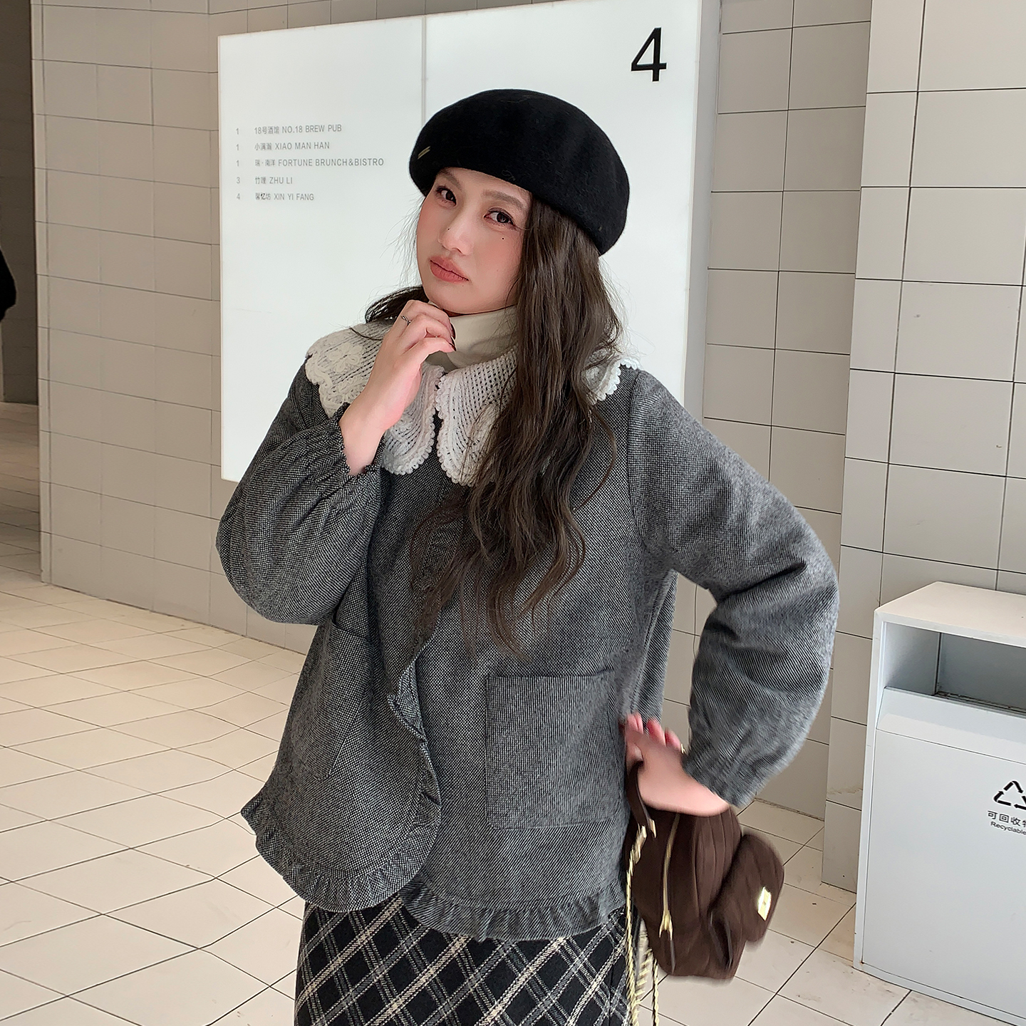 YUZI鱼子翻领复古外套针织娃娃领