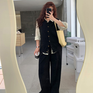 微胖mm妹显瘦遮肉复古马甲 YUZI鱼子慵懒韩系套装 马夹裤 子大码 女装