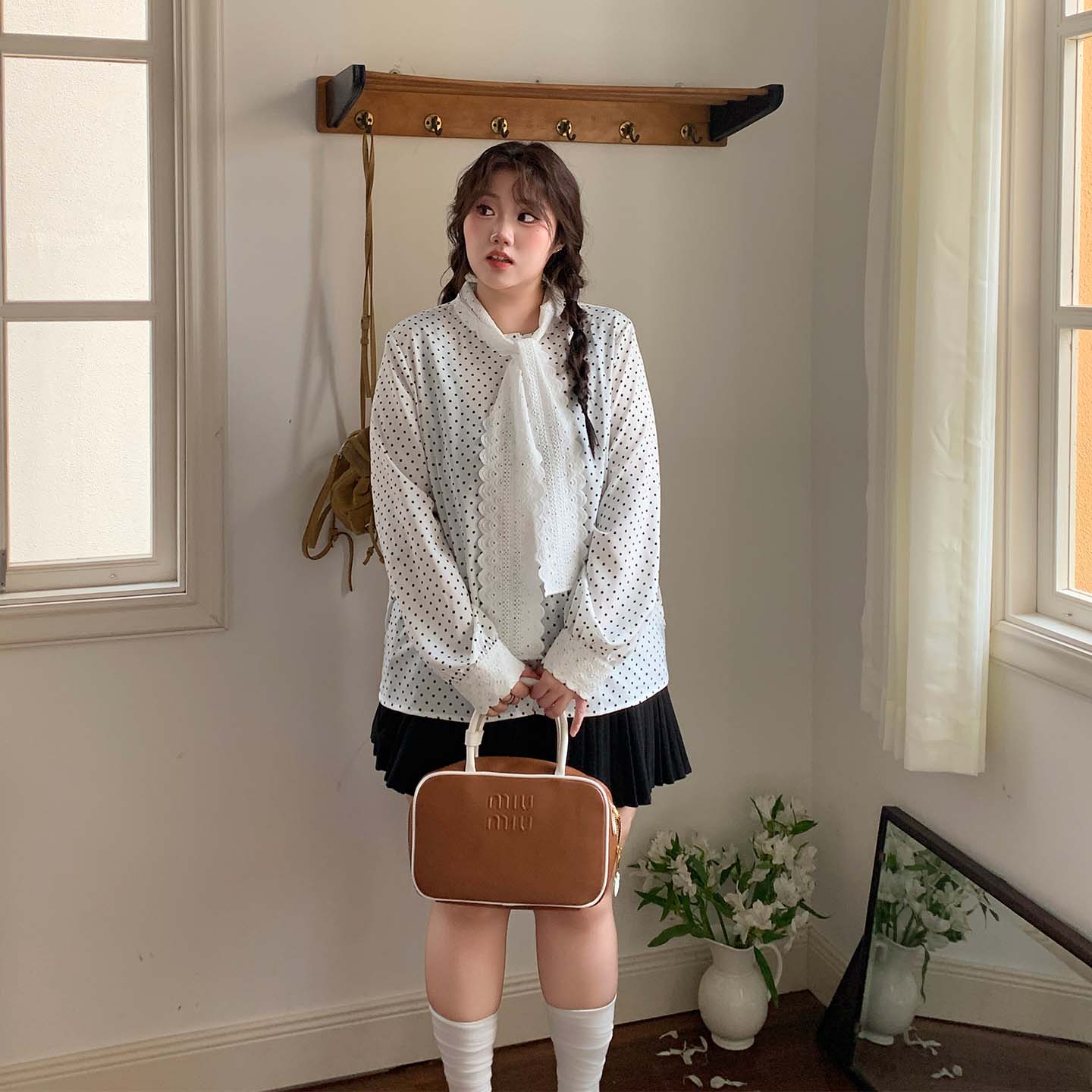 YUZI鱼子法式波点系带衬衫特大码