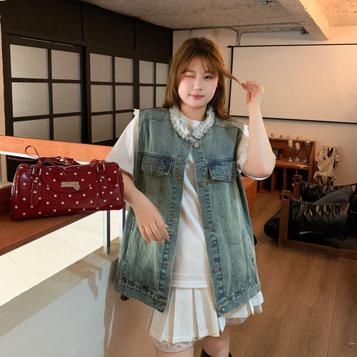 YUZI鱼子复古牛仔马甲大码女