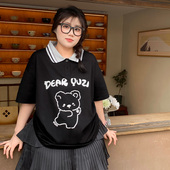 YUZI鱼子学院风POLO领T恤大码 女装 夏微胖mm显瘦遮肉200斤撞色减龄