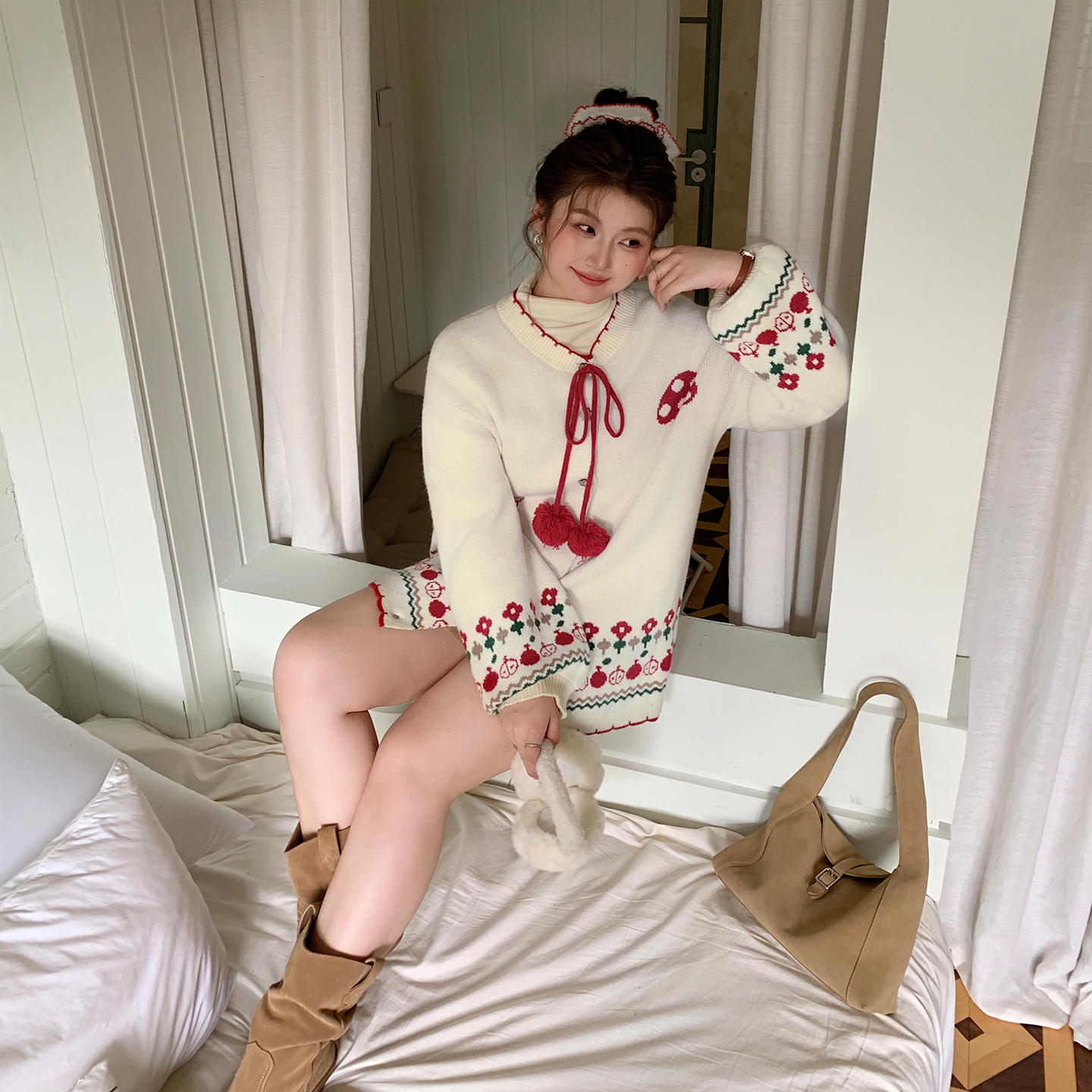 YUZI复古针织开衫大码女装蝴蝶结