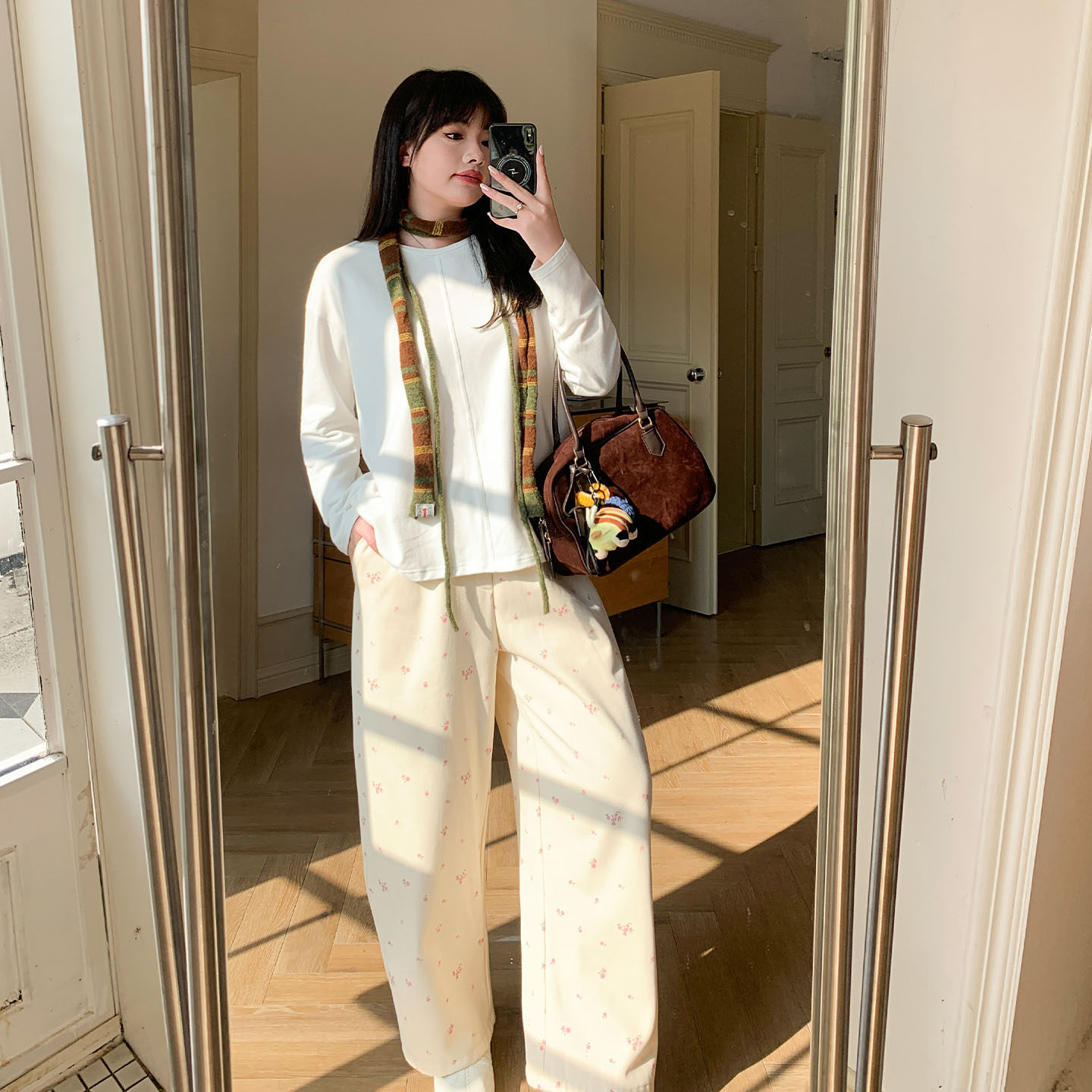 YUZI鱼子休闲碎花阔腿裤女慵懒风宽松百搭高腰长裤米白色大码女装,女装/女士精品,大码裤装,淘宝优惠券,粉丝福利购,淘宝优惠卷