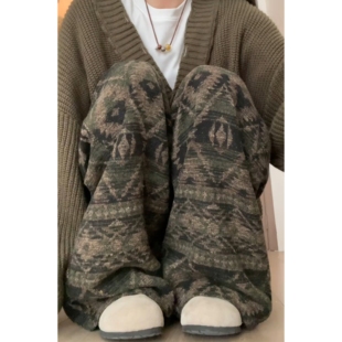 日系复古毛呢裤子男秋冬加厚重磅直筒卫裤民族花纹痞帅休闲长裤潮