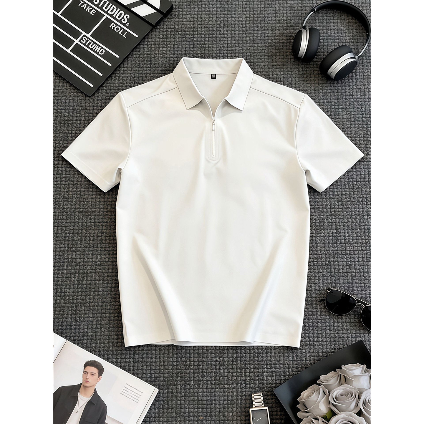 白色半拉炼正肩短袖男夏季cleanfit高智感T恤户外运动速干polo衫