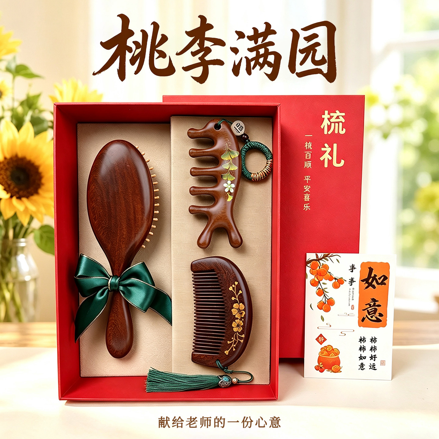 教师节送老师礼物檀木梳子礼盒开学季礼物按摩梳刻字气囊梳伴手礼