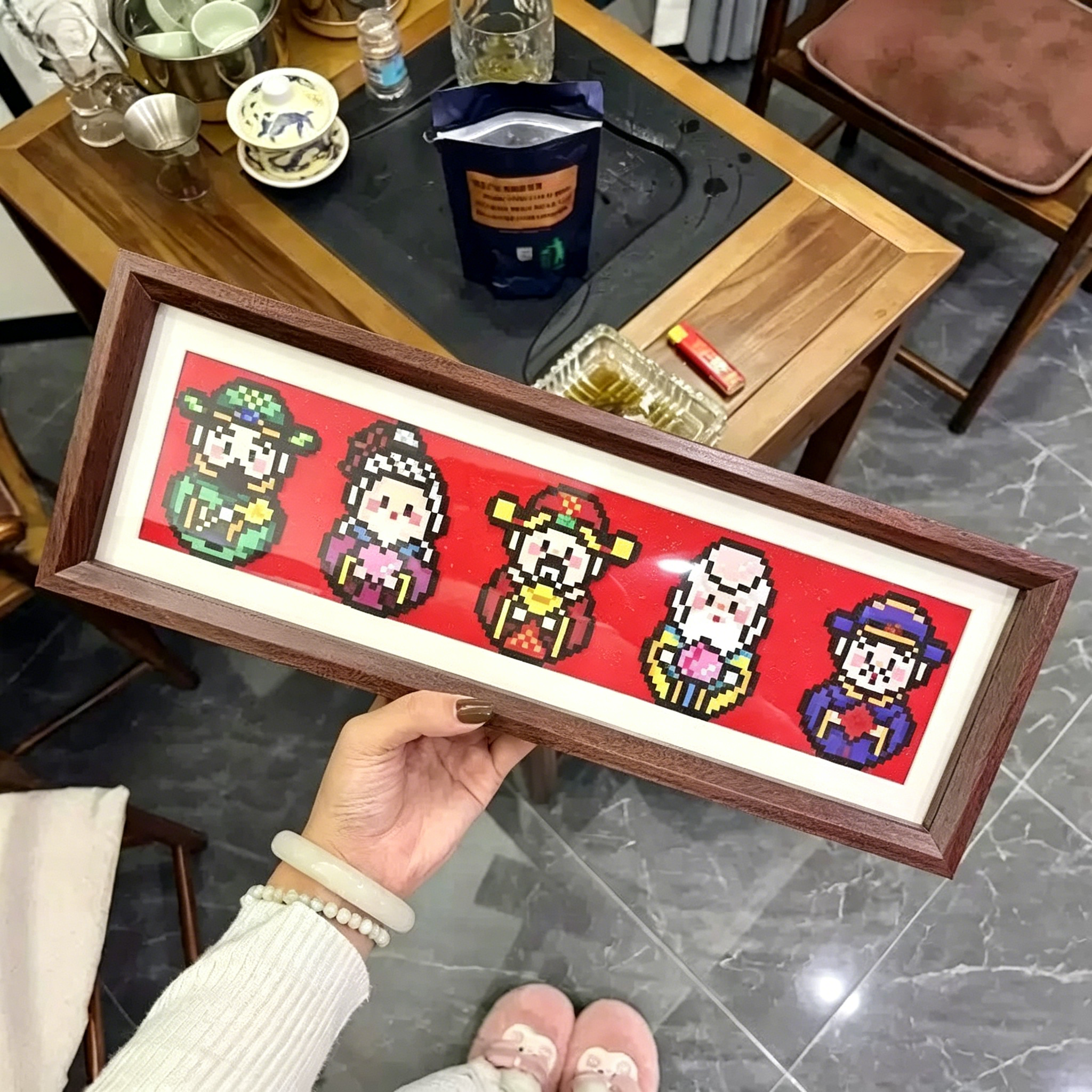 五福临门拼豆相框空白财神木质展示框摆件装饰福禄寿喜财拼豆框