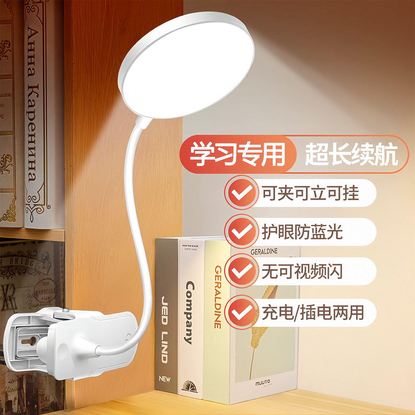 夹子式充电小台灯学习专用护眼灯大学生宿舍灯卧室工作阅读床头灯