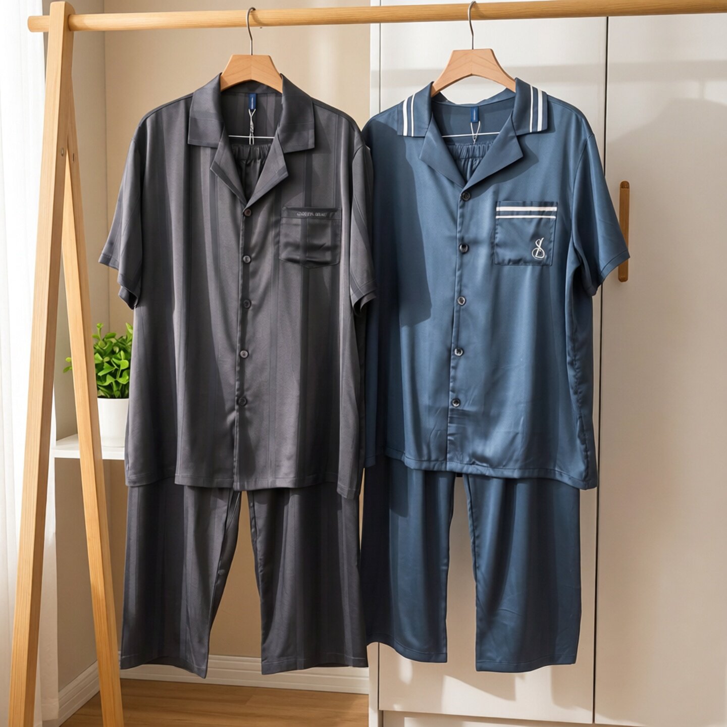 香蜜闺秀26224001男士雪纺缎面短袖长裤翻领家居服套装