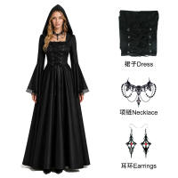 In stock: Medieval witch hooded long dress, Gothic Renaissance lace-up flared sleeve Halloween dress thumbnail 2