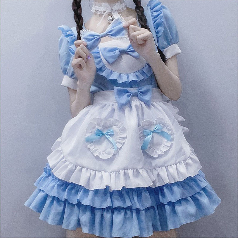 原创[月下盈]蓝色女仆装日系清纯小甜心性感奶油洛丽塔连衣裙全套