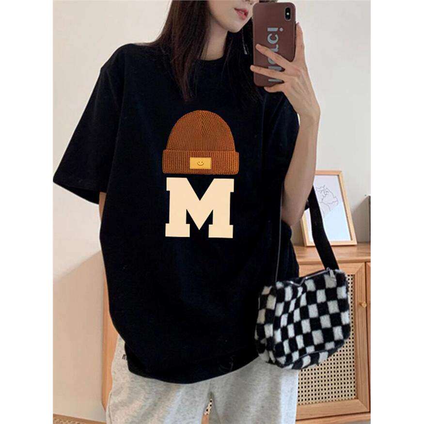 黑色短袖T恤女夏季新款chic港味别致设计感小众帽子印花宽松上衣