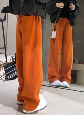 橙色加绒裤子女秋冬2025新款爆款加厚直筒休闲运动卫裤阔腿弯刀裤