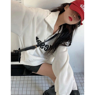 白色半高领拉炼卫衣女2025新款春秋薄款套头宽松中长版polo领外套