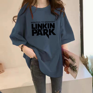 砖红色短袖t恤女夏季欧货大版字母印花宽松中长版半袖ins潮牌上衣
