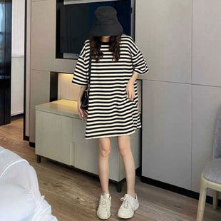 黑白条纹短袖T恤女2025夏季新款休闲宽松中长版慵懒bf风半袖T恤裙