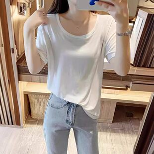 大领口白色短袖T恤女2025新款爆款夏季宽松欧货甜辣低领纯欲上衣