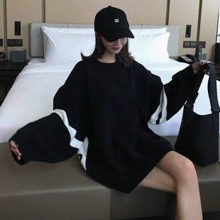 黑色加绒卫衣女2025新款冬季韩版宽松潮ins慵懒风中长春秋薄外套