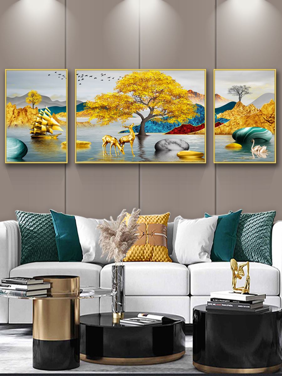 客厅装饰画现代轻奢沙发背景墙三联画石来运转发财树山水晶瓷挂画图片