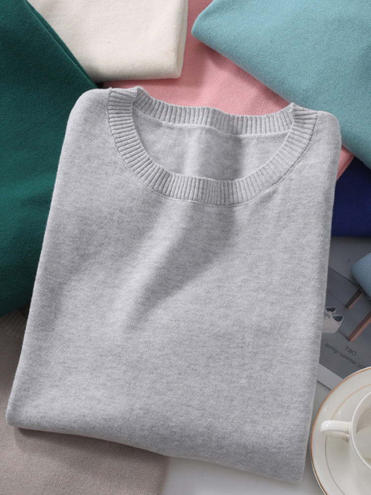 不起球2025春季新款纯棉线针织圆领女毛衣宽松长袖打底衫全棉薄款