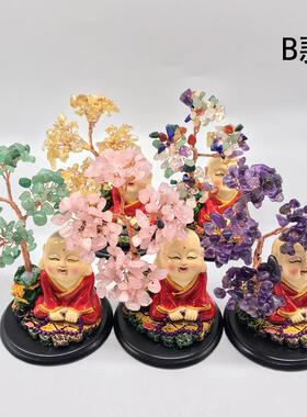 居家公室装饰品天然黄水晶招 财树流行送礼开业弥勒小摆件