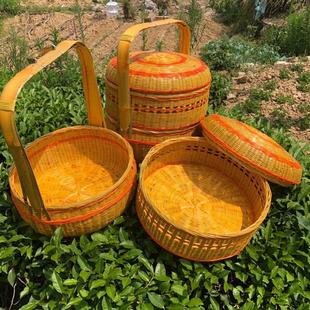 β全竹青带盖竹编篮 手提送餐篮精编双层篮竹皮竹篮子竹制品婚