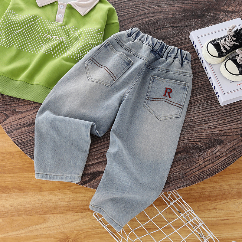 夏季薄款儿童牛仔裤拼接字母透气