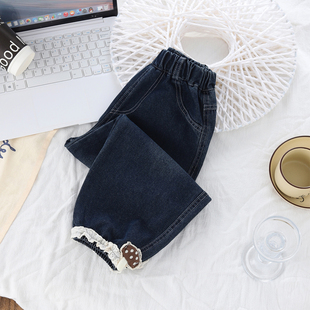 子外穿柔软蕾丝花边软 宝宝休闲阔腿长裤 女童牛仔裤 春秋宽松萝卜裤
