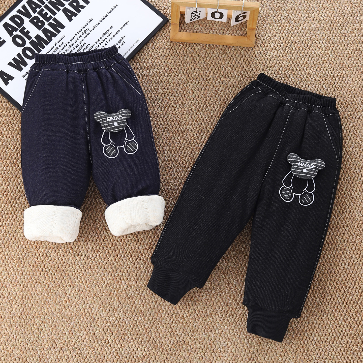 韩式儿童夹棉加厚仿牛仔棉裤男女宝宝保暖长裤冬季外穿弹力裤子