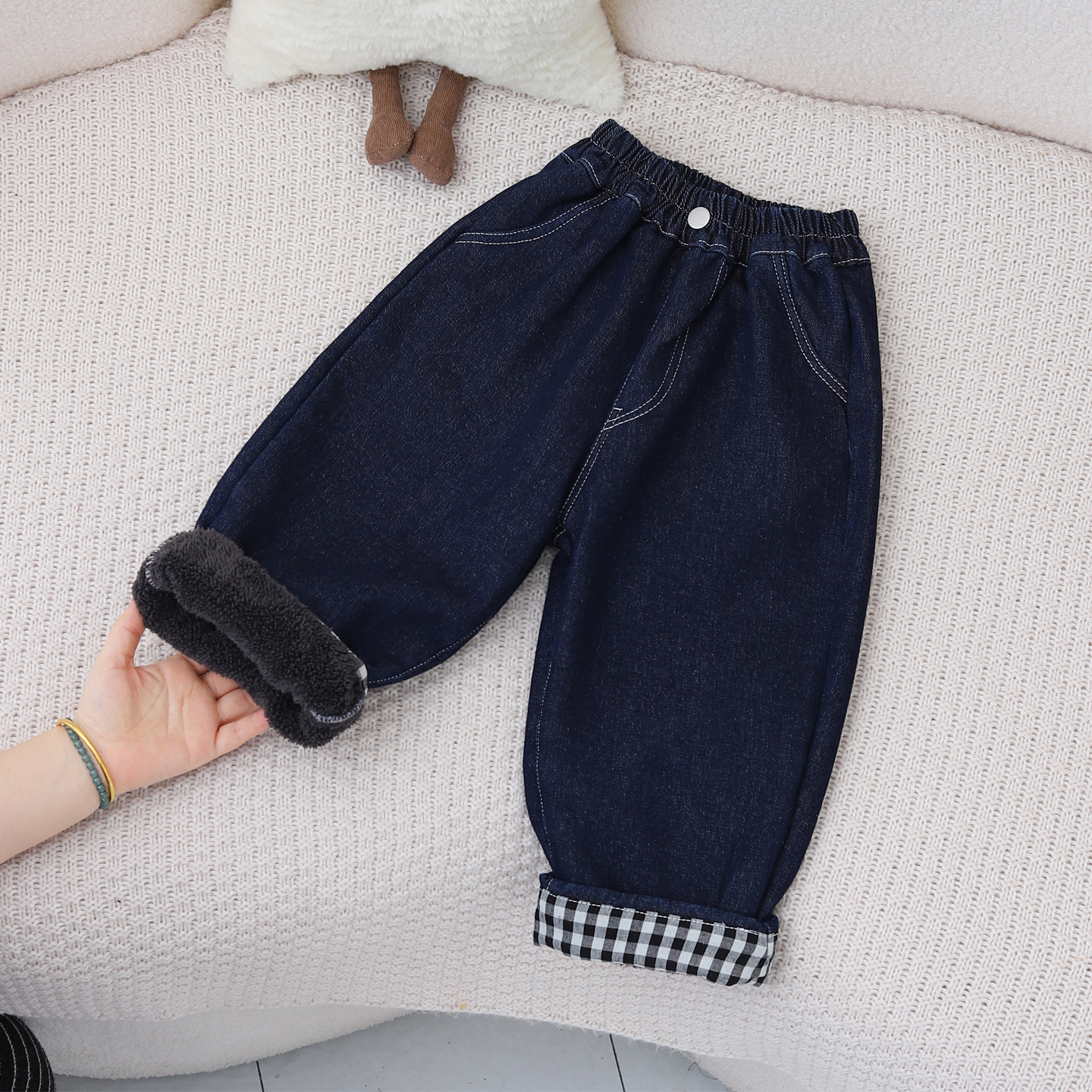 儿童加绒牛仔裤男童女童春秋冬软