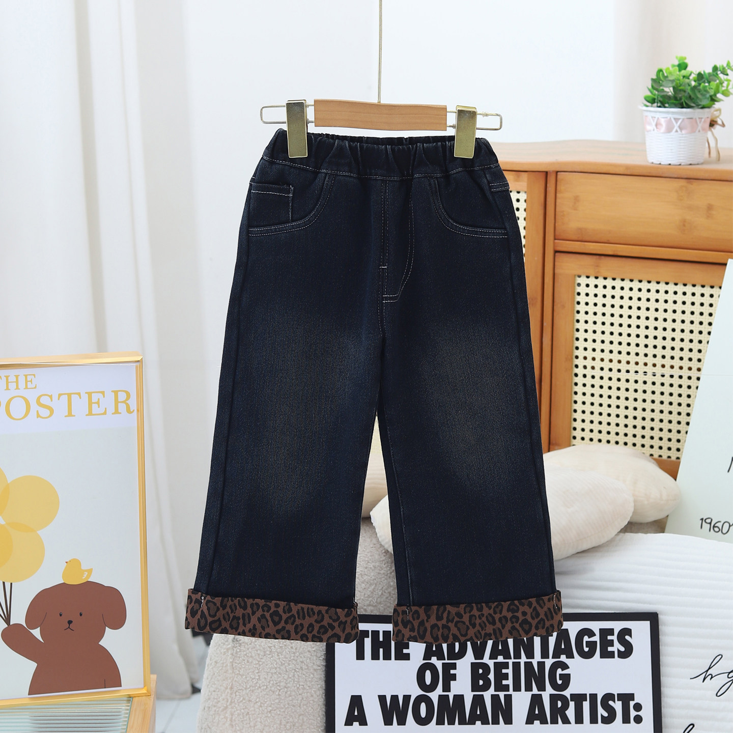 女童秋冬豹纹卷边加绒牛仔裤儿童洋气阔腿裤宝宝松紧腰直筒长裤潮,童装/婴儿装/亲子装,儿童牛仔裤,淘宝优惠券,粉丝福利购,淘宝优惠卷