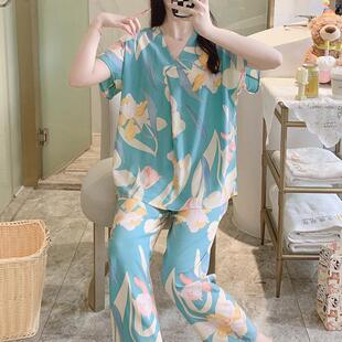 绵绸套装 长裤 薄款 人造棉宽松家居服大码 棉绸睡衣女夏季 新款 短袖