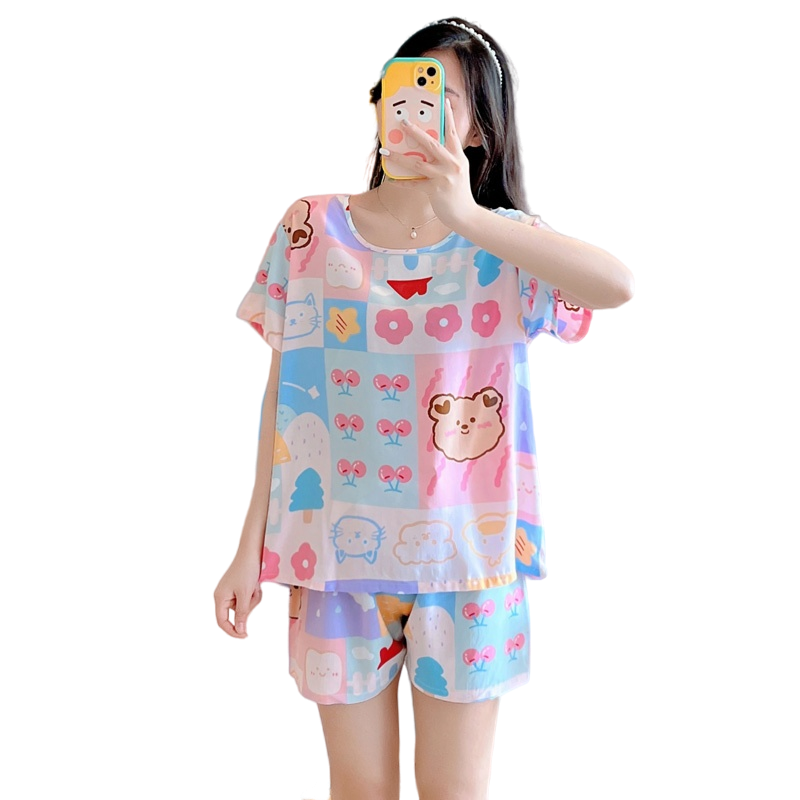 夏季纯棉绸睡衣女印花套装夏季