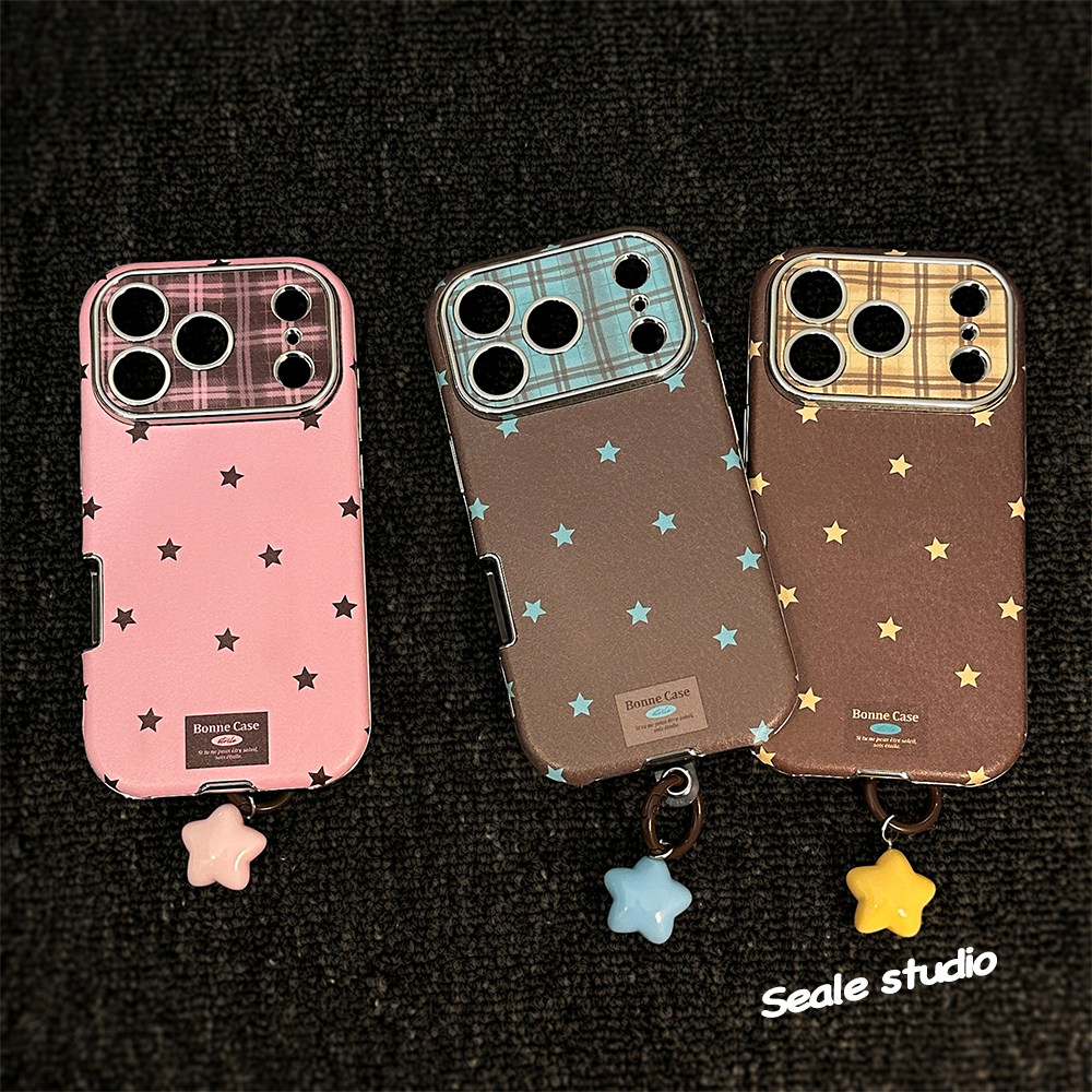 复古皮质iPhone17Pro手机壳 女生高颜值星星挂件苹果16ProMax手机保护套防摔 苹果15全包大视窗可爱手机壳14