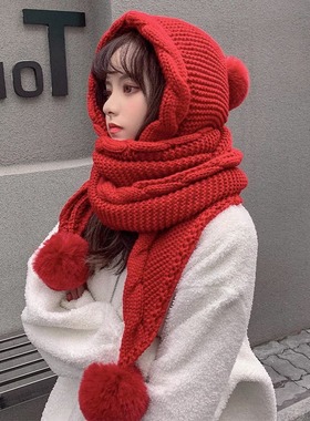 红色毛线帽子女秋冬季百搭围巾一体帽韩版可爱加厚保暖护耳针织帽