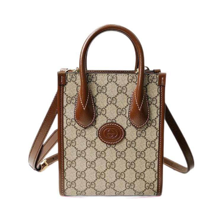 9.9新GUCCI古驰老花棕边mini琴谱托特包单肩手提包