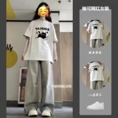 牛仔裤 初中女生夏季 T恤 少女孩大童学院风穿搭一整套短袖 运动套装