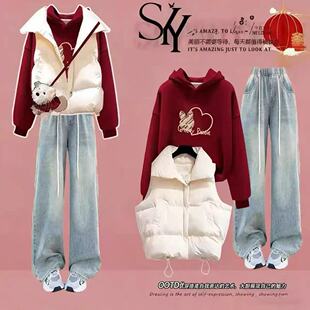 大童初中生红色加绒卫衣保暖马甲套装女青少年高中生春秋装三件套