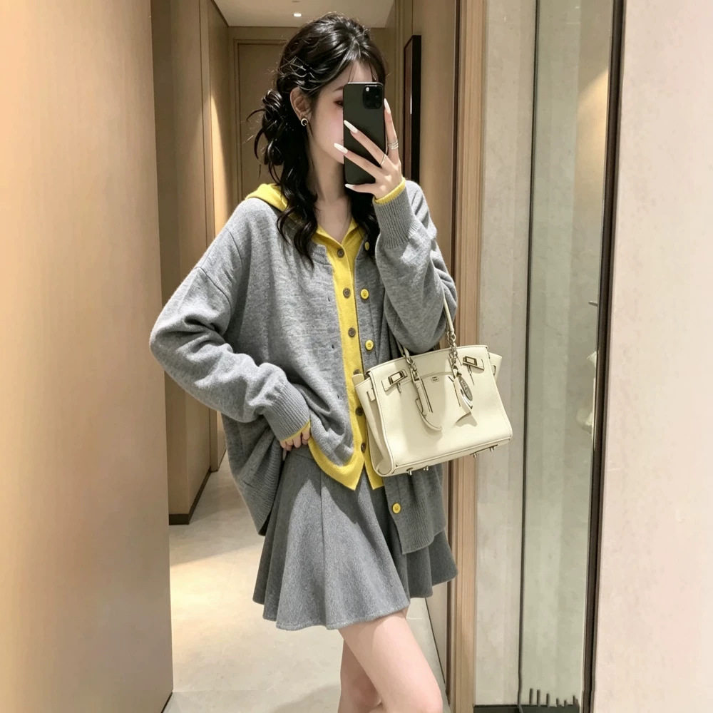 2026大码女装针织假两件上衣显瘦韩版微胖秋冬新款连帽卫衣