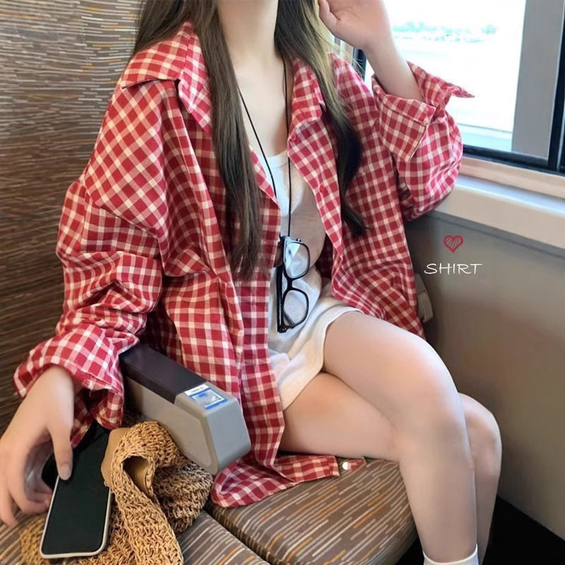 韩版chic红色格子衬衫女宽松遮肉慵懒风通勤长袖衬衣休闲开衫上衣