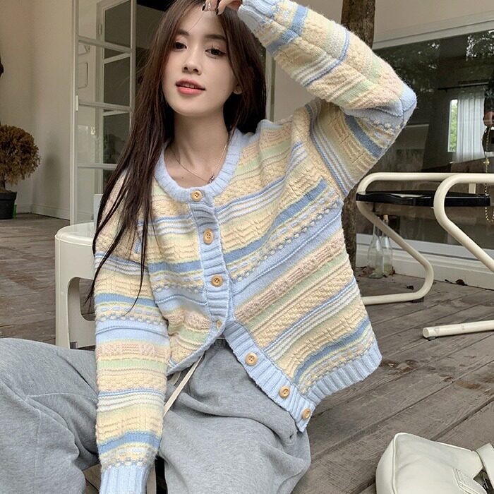 早春秋2026年新款韩版宽松条纹外衣百搭针织毛衣薄款开衫外套女士
