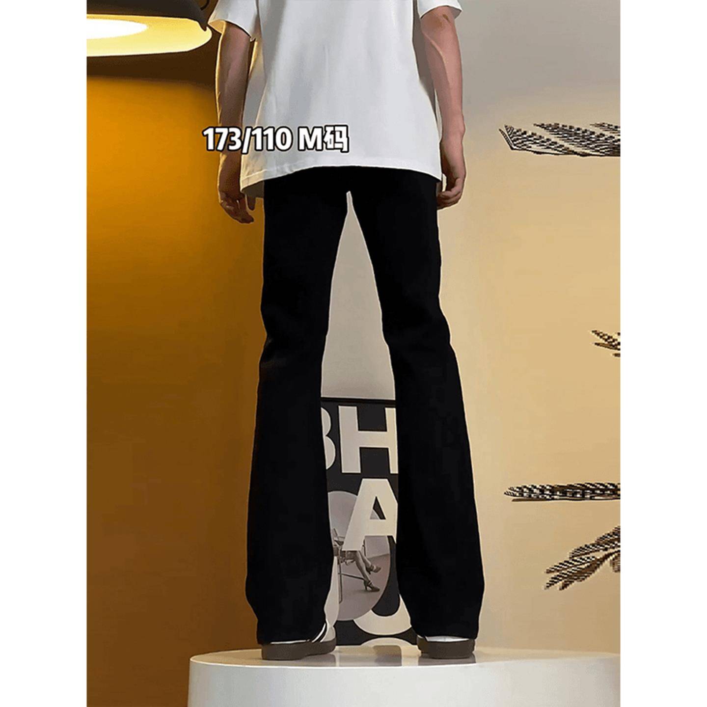 弯刀黑色微喇牛仔裤男款冬季加绒加厚弹力修身高街痞帅青少年裤子