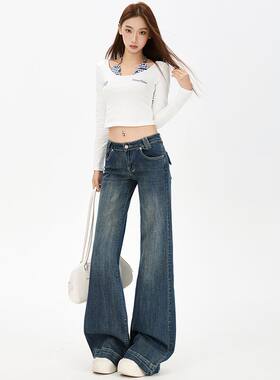 蓝色复古低腰微喇牛仔裤女2026新款后口袋设计感弹力显瘦喇叭裤子