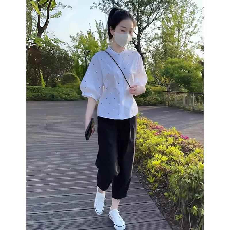 法式独特白色波点短袖衬衫2025夏季新款大码女装胖mm遮肚小衫上衣